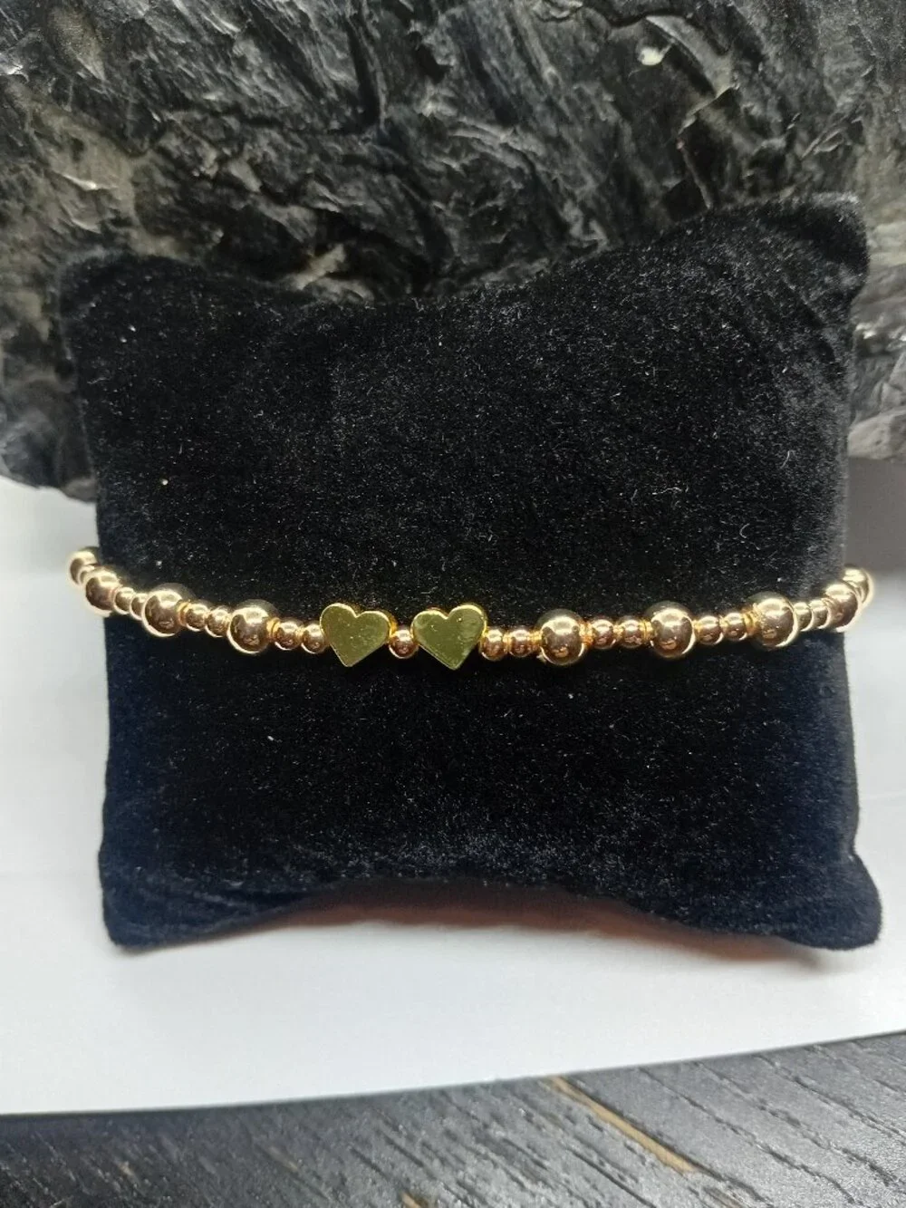 14K Gold Filled Stretch Bead Bracelet Gold Heart Charms 5MM / 3MM Stacks Women